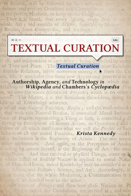 Red title on a white pop-up window of an editing interface. Black subtitle and author name on beige page of text. 